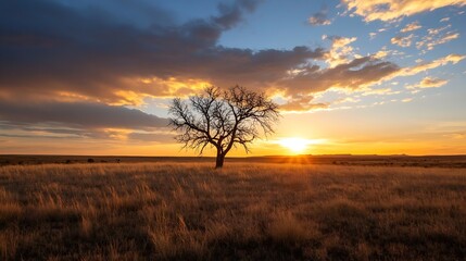 Aufkleber - Stunning sunset view over a vast grassland with a solitary tree silhouetted against the sky : Generative AI