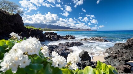 Aufkleber - Stunning coastal view with vibrant flowers and rocky shore under bright blue sky : Generative AI