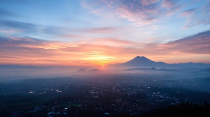 Aufkleber - Breathtaking mountain view at sunrise with mist over the city showcasing nature's beauty : Generative AI