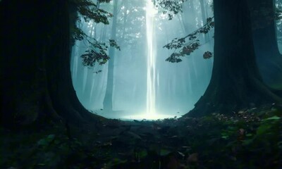 Wall Mural - a swirling, glowing portal emerges between ancient trees in a misty forest. the air ripples with ene