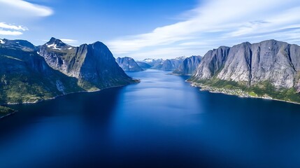 Poster - Breathtaking Aerial View of Majestic Fjords Surrounded by Mountains and Crystal Clear Water : Generative AI