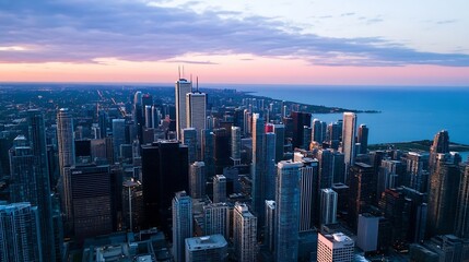 Poster - Breathtaking Aerial View of a Bustling City Skyline at Sunset with a Calm Lake in the Foreground : Generative AI