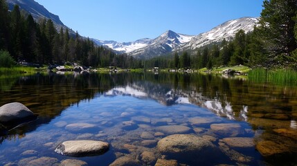 Poster - Serene Mountain Lake Surrounded by Forests and Majestic Peaks Under a Clear Blue Sky : Generative AI