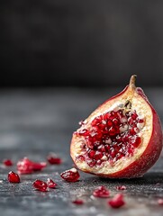 Aufkleber - Fresh pomegranate half with vibrant red seeds on a dark stone background : Generative AI