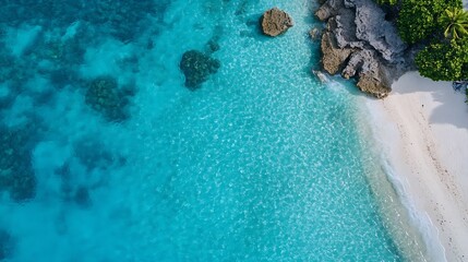 Aufkleber - Aerial view of a serene tropical beach with turquoise waters and vibrant coral reefs : Generative AI