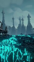 Wall Mural - vertical 9:16 A massive starship lies half-buried in the rocky terrain of an alien planet. The ground is covered in glowing blue moss, and strange bioluminescent plants grow around the wreckage