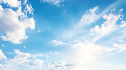 Poster - Bright blue sky with fluffy white clouds illuminated by the soft sun rays during the day : Generative AI