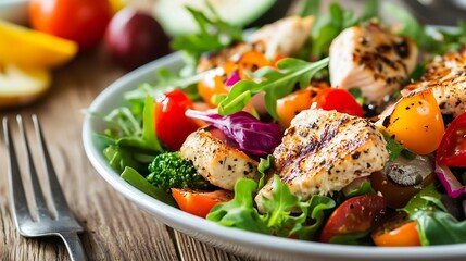 Poster - Delicious fresh salad topped with grilled chicken vibrant vegetables and colorful garnishes on wooden table : Generative AI