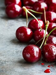 Poster - Juicy ripe cherries arranged beautifully on a grey surface showcasing fresh produce and vibrant color : Generative AI
