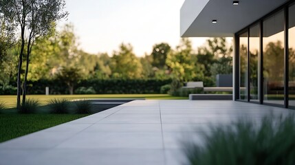 Aufkleber - Modern outdoor patio space with elegant furniture overlooking a green garden in a serene atmosphere : Generative AI