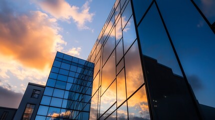 Poster - Modern office building with reflective glass windows capturing the colorful sky and clouds during sunset : Generative AI