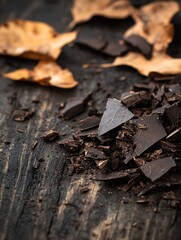 Aufkleber - Rich Dark Chocolate Shavings on Wooden Background with Dried Leaves for Culinary Inspiration : Generative AI