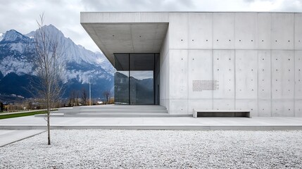Leinwandbilder - Modern architectural design of a concrete building against a mountainous backdrop : Generative AI