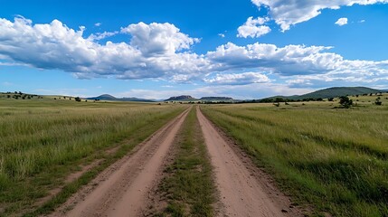 Aufkleber - Scenic rural road stretching through vibrant green fields under a stunning blue sky : Generative AI