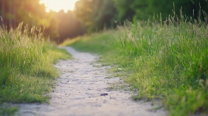 Poster - Serene path through golden grasslands reflecting warm sunlight in a tranquil outdoor setting : Generative AI