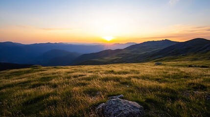 Aufkleber - Breathtaking sunrise view over rolling hills and vibrant green landscape in nature's tranquility : Generative AI