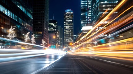 Poster - Dynamic Night City Scene with Blurry Lights and Moving Cars Capturing the Vibrant Urban Life : Generative AI