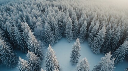 Poster - Aerial View of Frosted Evergreen Trees Covering a Winter Landscape in Serene Silence : Generative AI