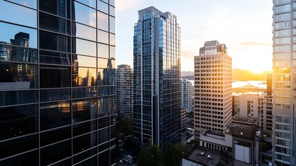 Fototapete - Stunning Sunset View of Urban Skyline with Reflective Glass Buildings in Modern City : Generative AI