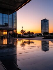 Fototapete - Modern urban landscape at sunset showcasing a stunning city skyline with vibrant reflections on the ground : Generative AI