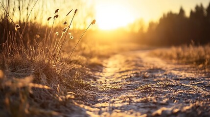 Fototapete - Serene sunrise illuminating a quiet path with soft golden light : Generative AI