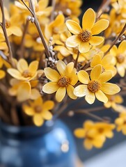 Poster - Charming bouquet of yellow flowers in a dark blue vase showcasing natural beauty : Generative AI