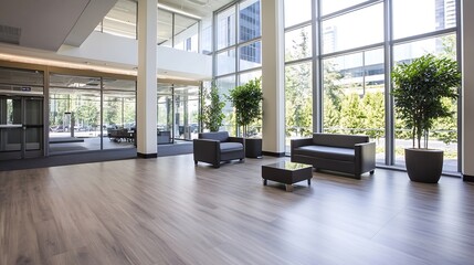 Aufkleber - Modern and Spacious Office Interior Featuring Large Glass Windows and Comfortable Seating : Generative AI