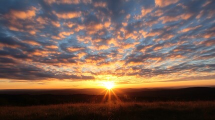 Aufkleber - Stunning sunset casting vibrant colors over the horizon with silhouettes of clouds in the distance : Generative AI