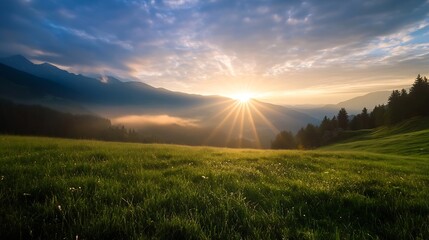 Poster - Stunning Sunrise Over Mountains with Lush Green Grassfield in the Foreground Highlighting Nature's Beauty : Generative AI
