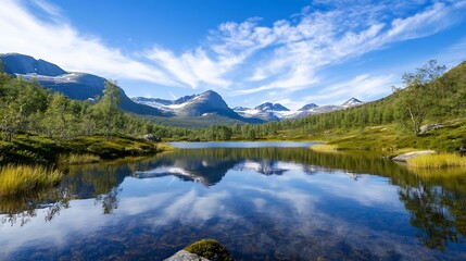 Poster - Breathtaking reflection of mountains and sky in a serene lake surrounded by greenery : Generative AI