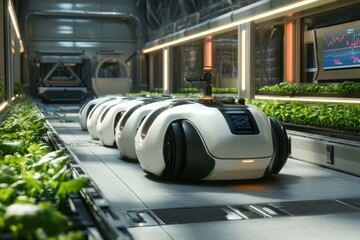 Aufkleber - Futuristic smart farm with robotic harvesters and hydroponic greenhouses showcasing modern agriculture advancements