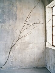 Poster - Illustrative detail of a barren branch against a textured wall beside a window : Generative AI
