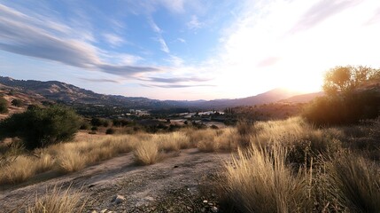 Aufkleber - Vibrant sunset over dry grassland and rolling hills with a picturesque landscape : Generative AI