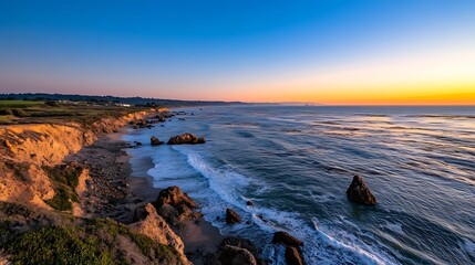 Aufkleber - Stunning coastal view at sunset showcasing rocky cliffs and gentle waves under a vivid colorful sky : Generative AI