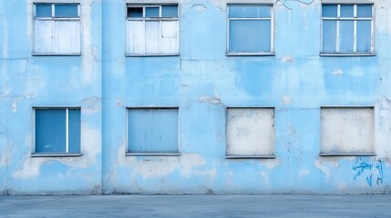 Poster - Weathered blue wall of an abandoned building with closed windows showcasing a rustic urban aesthetic and character : Generative AI