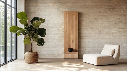 Poster - Spacious and serene living room capturing the essence of minimalist decor with wooden accents and indoor plants : Generative AI