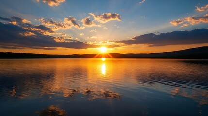 Poster - Beautiful Sunset Over Calm Lake with Reflections of Clouds and Sunlight : Generative AI