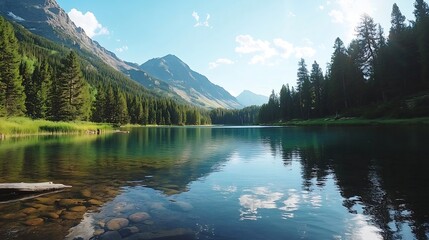 Poster - Tranquil mountain lake with lush green pines surrounded by towering mountains under a beautiful blue sky : Generative AI