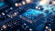 © Generative AI - Close up view of an advanced microchip highlighting intricate circuit board design and glowing connections : Generative AI