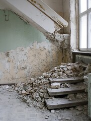 Aufkleber - Decayed and crumbling interior space with broken stairs creating an eerie atmosphere : Generative AI