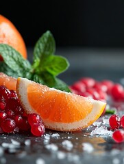 Aufkleber - Sliced fresh orange surrounded by pomegranate seeds and mint leaves : Generative AI