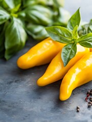 Aufkleber - Vibrant yellow chili peppers with fresh basil leaves on stone background for culinary uses : Generative AI
