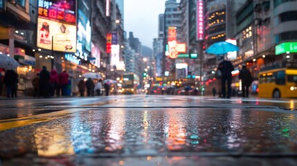 Poster - Vibrant city street scene illuminated by neon lights on a rainy day showcasing urban life and reflections : Generative AI
