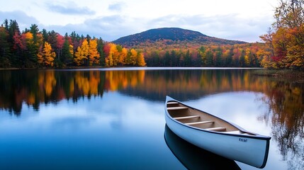 Poster - Serene autumn view of a canoe on a calm lake surrounded by colorful fall foliage and mountains : Generative AI