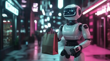 Aufkleber - Friendly futuristic delivery robot hands over grocery bag in sleek cyberpunk urban setting with vibrant lighting and reflections