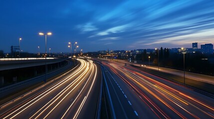 Poster - Dynamic highway scene illuminated by light trails during dusk with city skyline : Generative AI