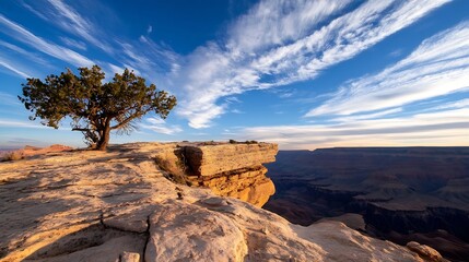 Poster - A majestic view of a solitary tree on a rocky edge under a vibrant sky during sunset : Generative AI