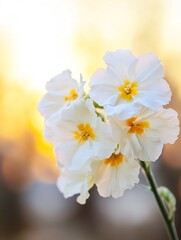 Aufkleber - Beautiful close up of delicate white flowers with yellow centers illuminated by cozy sunlight : Generative AI