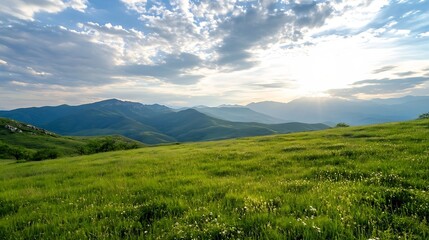 Aufkleber - Breathtaking panoramic view of a sunlit green valley surrounded by majestic mountains under a blue sky : Generative AI