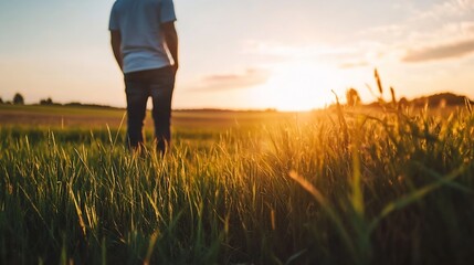 Aufkleber - Man standing in a golden field admiring the sunset for inspirational outdoor moments : Generative AI